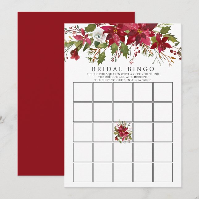 Red Poinsettia Holly Brautparty Bingo Einladung (Vorne/Hinten)