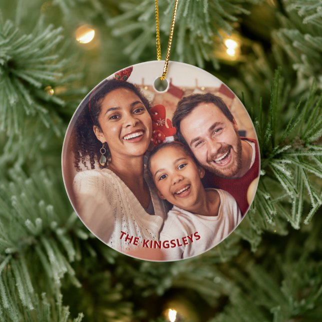 Red Poinsettia Holly Christmas Holiday Foto Keramik Ornament (Baum)