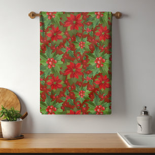 Red Poinsettia Holly Floral Pattern Weihnachten Geschirrtuch