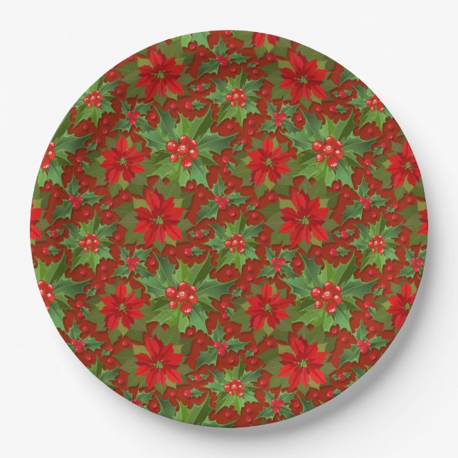 Red Poinsettia Holly Floral Pattern | Weihnachten Pappteller (Vorderseite)