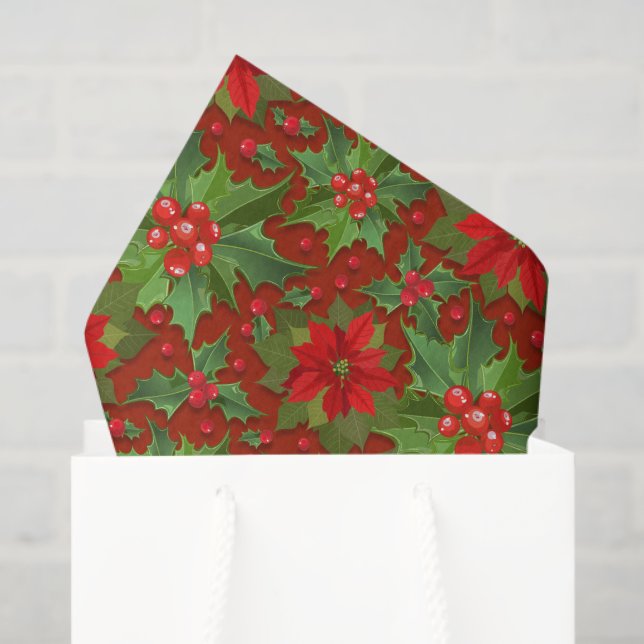 Red Poinsettia Holly Floral Pattern | Weihnachten Seidenpapier (Geschenktüte)