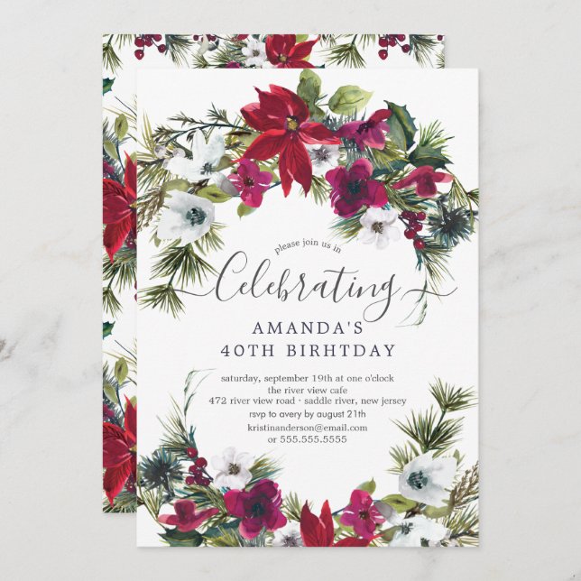 Red Poinsettia Holly Pine Birthday Party Einladung (Vorne/Hinten)