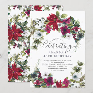 Red Poinsettia Holly Pine Birthday Party Einladung