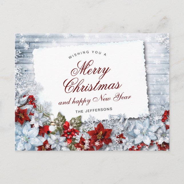 Red Poinsettia Holly Rustic Christmas Greeting Postkarte (Vorderseite)