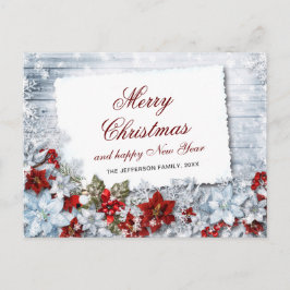 Red Poinsettia Holly Rustic Christmas Greeting Postkarte