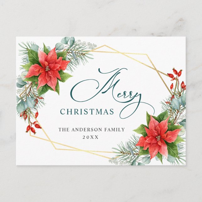 Red Poinsettia Holly Weihnachtsfeiertag Gruß Postkarte (Vorderseite)