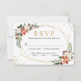 Red Poinsettia Ivory Floral Geometric Gold Wedding RSVP Karte