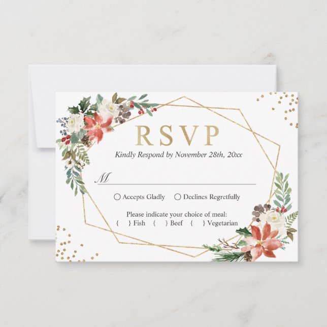Red Poinsettia Ivory Floral Geometric Gold Wedding RSVP Karte (Vorderseite)