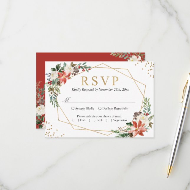 Red Poinsettia Ivory Floral Geometric Gold Wedding RSVP Karte (Vorderseite/Rückseite Beispiel)