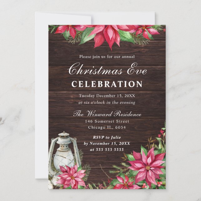 Red Poinsettia & Lantern Winter Christmas Eve Einladung (Vorderseite)