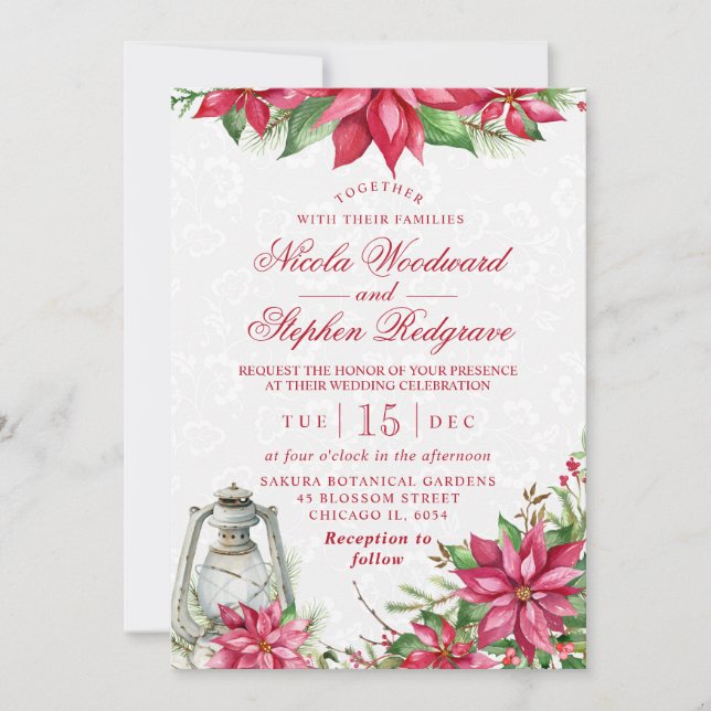 Red Poinsettia & Lantern Winter Wedding Einladung (Vorderseite)