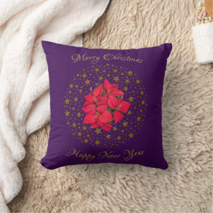 Red Poinsettia Pflanze auf Glitzer Sternenhimmel l Kissen