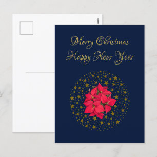 Red Poinsettia Pflanze über glitzernde Sternenblau Feiertagspostkarte