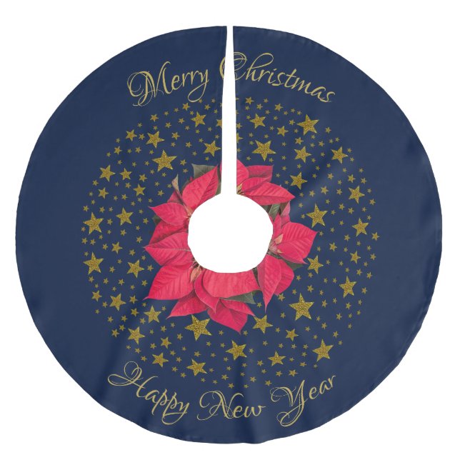 Red Poinsettia Pflanze über glitzernde Sternenblau Polyester Weihnachtsbaumdecke (Vorderseite)