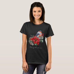 Red Poinsettia Pine Cone Bird Black Christmas T-Shirt