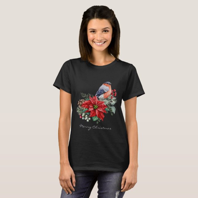 Red Poinsettia Pine Cone Bird Black Christmas T-Shirt (Vorne ganz)