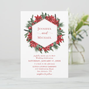 Red Poinsettia Pine Greenery Wreath White Wedding Einladung