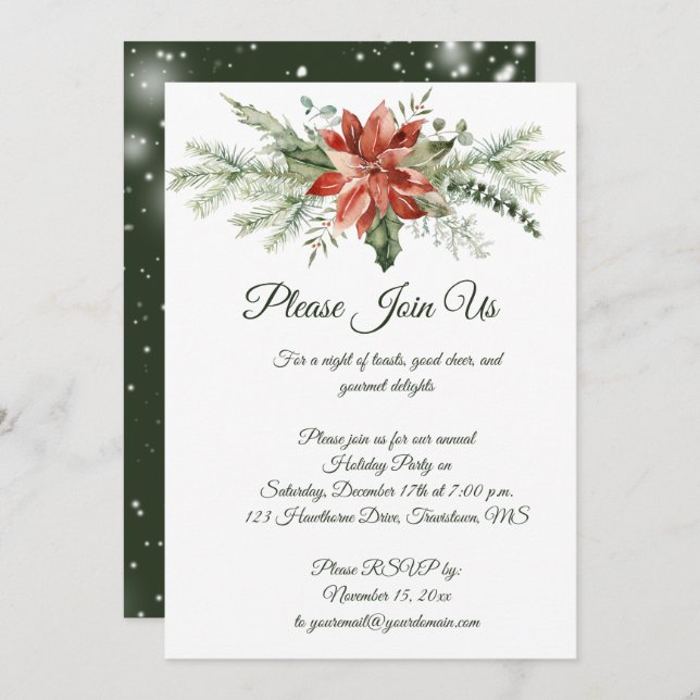 Red Poinsettia Pine Snowflakes Weihnachts-Party In Einladung (Vorne/Hinten)