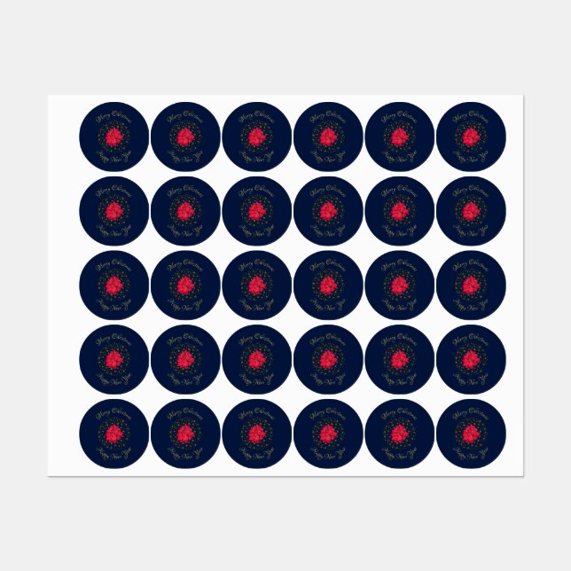 Red Poinsettia Plant on glittering starry blue sky Etiketten (Blatt)