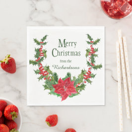 Red Poinsettia und Holly Berry Weihnachtskranz Serviette