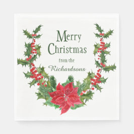 Red Poinsettia und Holly Berry Weihnachtskranz Serviette