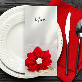 Red Poinsettia und Pearls Winter Wedding Menu Menükarte