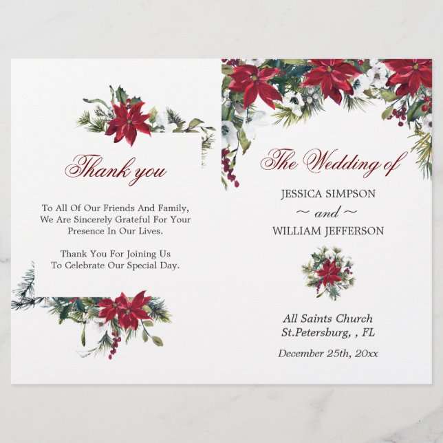 Red Poinsettia Watercolor Folded Wedding Program (Vorderseite)