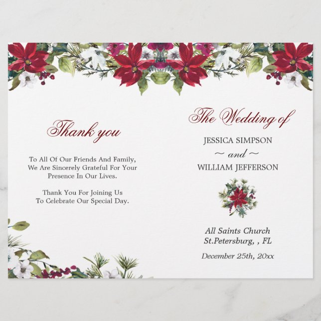Red Poinsettia Watercolor Folded Wedding Program (Vorderseite)