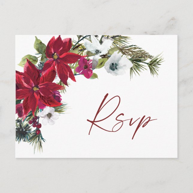 Red Poinsettia Wedding RSVP mit Wahlmöglichkeit Postkarte (Vorderseite)