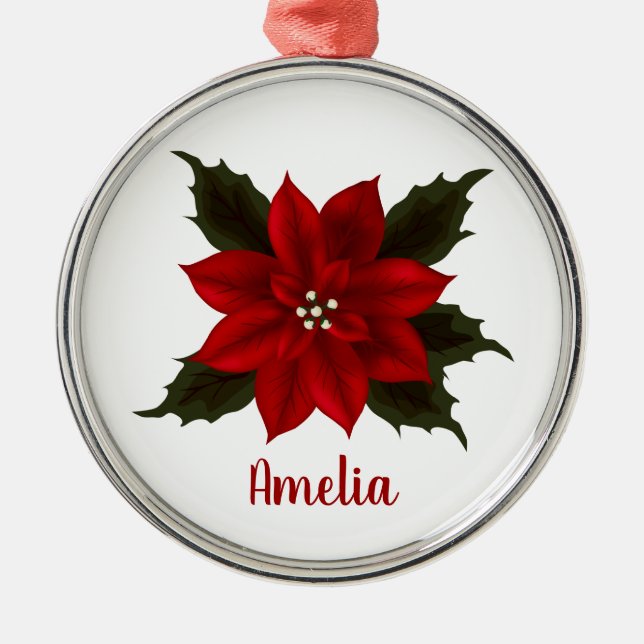Red Poinsettia Weihnachten Personalisiert Ornament Aus Metall (Vorne)
