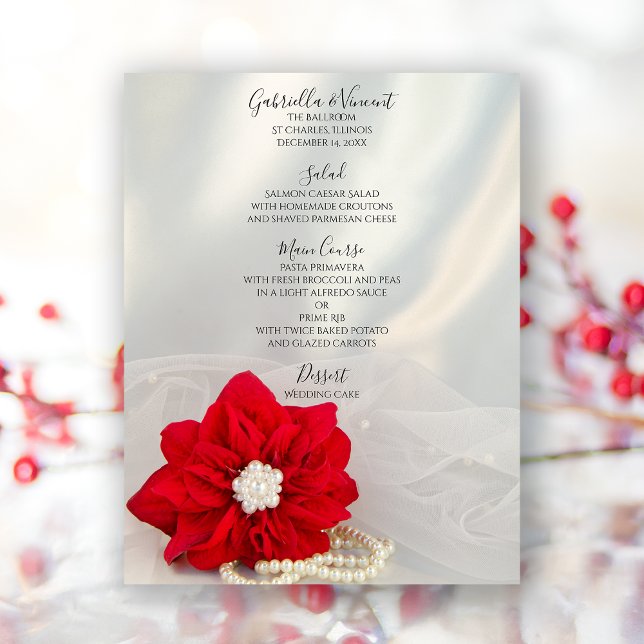 Red Poinsettia White Pearls Winter Wedding Menu (Von Creator hochgeladen)