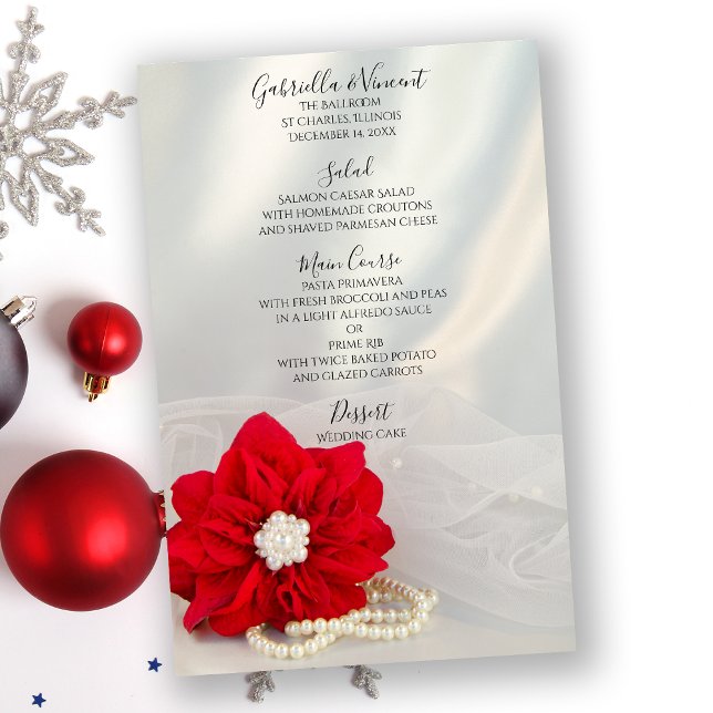 Red Poinsettia White Pearls Winter Wedding Menu (Von Creator hochgeladen)