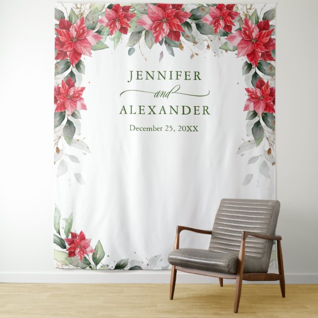 Red Poinsettia Winter Wedding Foto Stand Hintergru Wandteppich (Beispiel)
