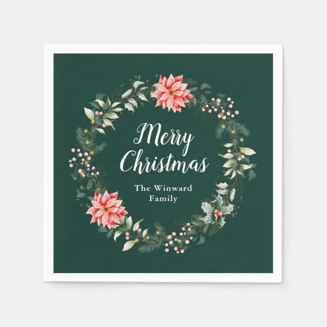 Red Poinsettia Wreath Frohe Weihnachten Serviette (Vorderseite)