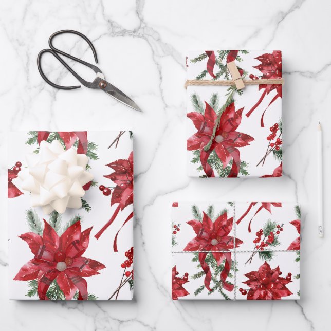 Red Poinsettias and Bows Geschenkpapier Set (Vorderseite)