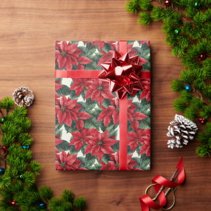Red Poinsettias Green Blätter Geschenkpapier
