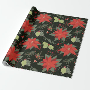 Red Poinsettias Green Holly Christmas Geschenkpapier