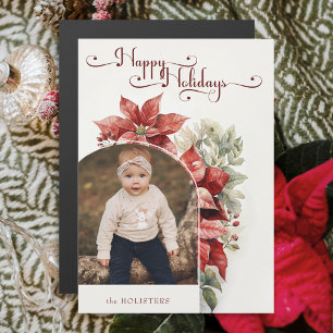 Red Poinsettias Happy Holidays Script Arch Foto Magnetkarte