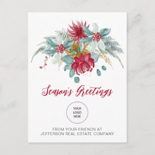 Red Poinsettias Holly Company Logo Business Feiertagspostkarte