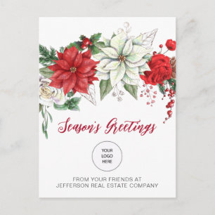 Red Poinsettias Holly Company Logo Business Feiertagspostkarte