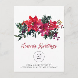 Red Poinsettias Holly Company Logo Business Feiertagspostkarte