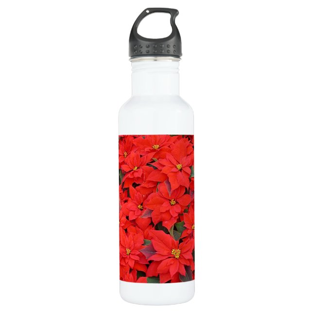 Red Poinsettias I Christmas Holiday Floral Foto Edelstahlflasche (Vorderseite)