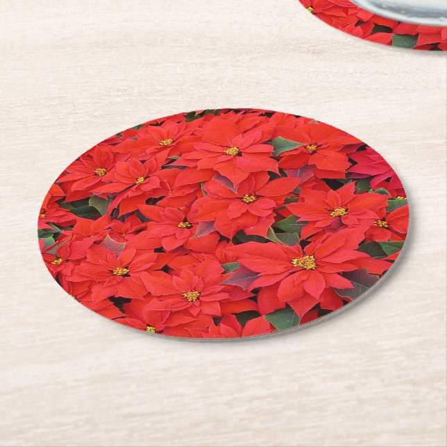 Red Poinsettias I Christmas Holiday Floral Foto Runder Pappuntersetzer (Angewinkelt)