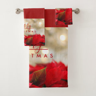 Red Poinsettias mit Golden Bokeh Frohe Weihnachten Badhandtuch Set