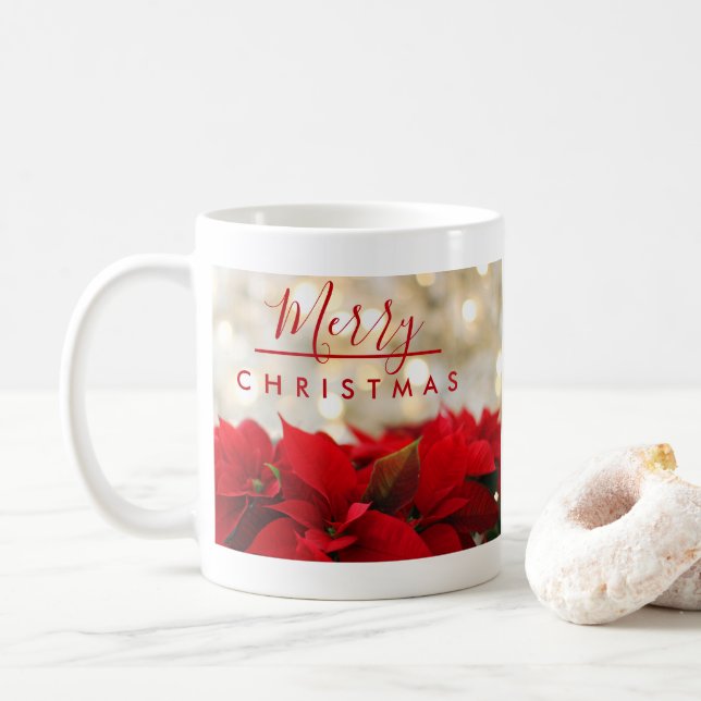 Red Poinsettias mit Golden Bokeh Weihnachten Kaffeetasse (Mit Donut)