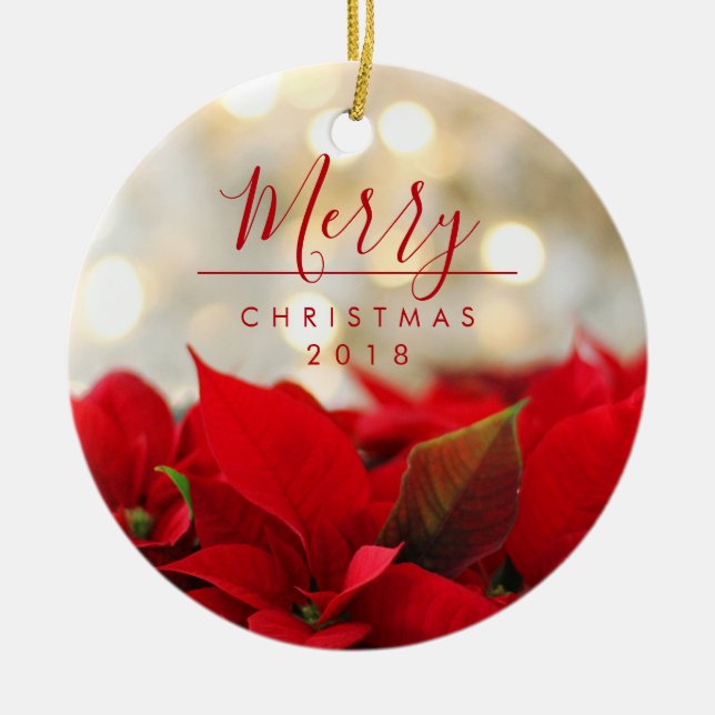 Red Poinsettias mit Golden Bokeh Weihnachten Keramik Ornament (Vorne)
