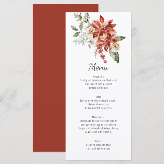 Red Poinsettias Pine und Evergreen Wedding Menu Menükarte (Vorne/Hinten)