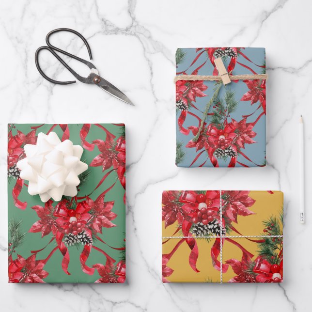 Red Poinsettias Ribbon Bows Lattice Green Red Gold Geschenkpapier Set (Vorderseite)
