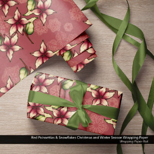 Red Poinsettias & Snowflakes Weihnachten Geschenkpapier