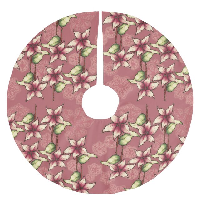 Red Poinsettias & Snowflakes Weihnachten Winter Polyester Weihnachtsbaumdecke (Vorderseite)